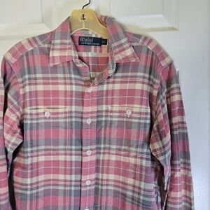 Mens Red Tan Plaid Polo By Ralph Lauren Button Down Shirt‎ S